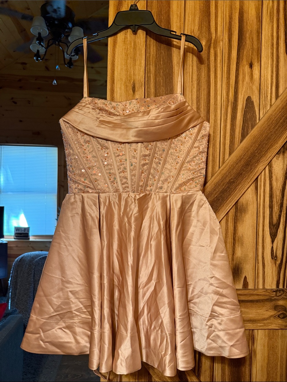 Blush Beaded A-Line Prom Dress with Spaghetti Straps